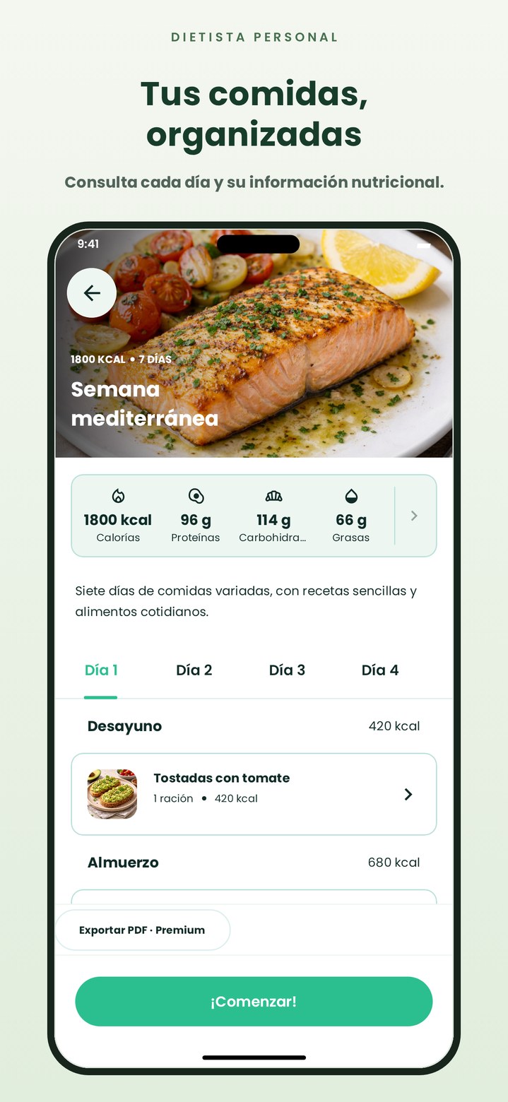Weekly meal plan with nutritional information in Dietista Personal